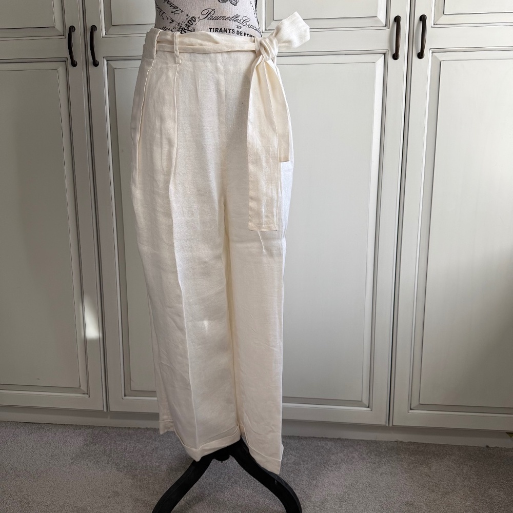 J.Crew Linen Pants Tie Waist Wide Leg Cropped Size 10Tall